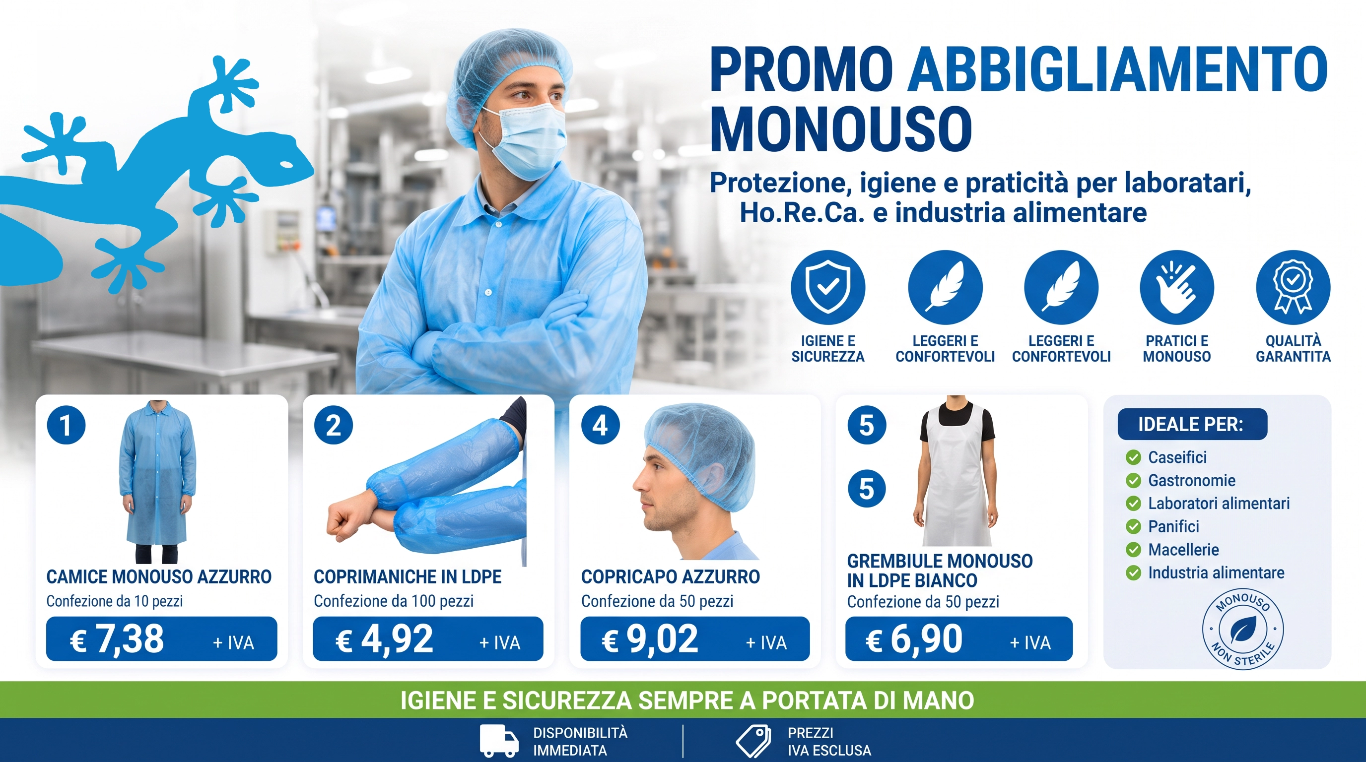 Promo abbigliamento monouso per laboratori alimentari e industria alimentare