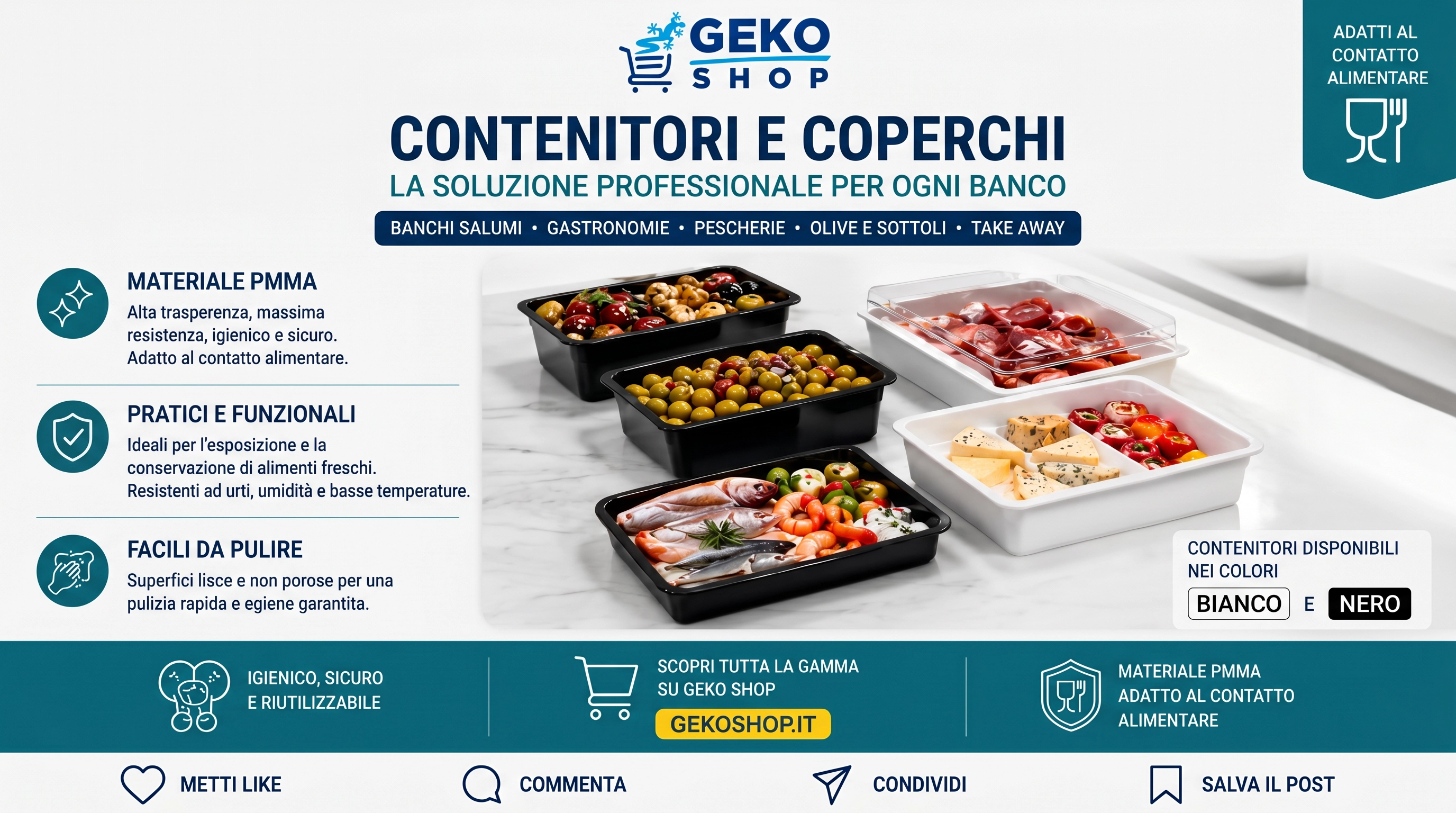 Contenitori e coperchi PMMA per banchi gastronomia e pescheria