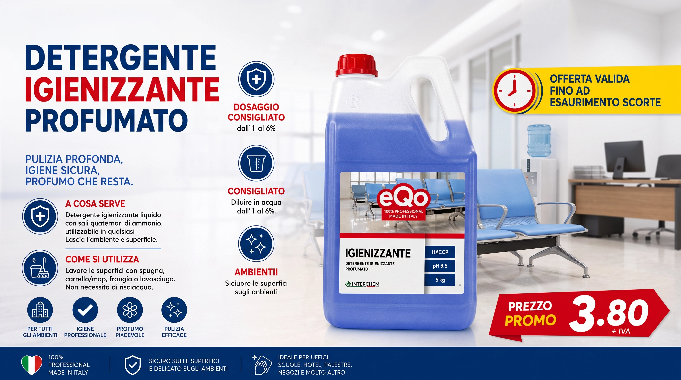 Detergente igienizzante profumato eQo per pulizia professionale
