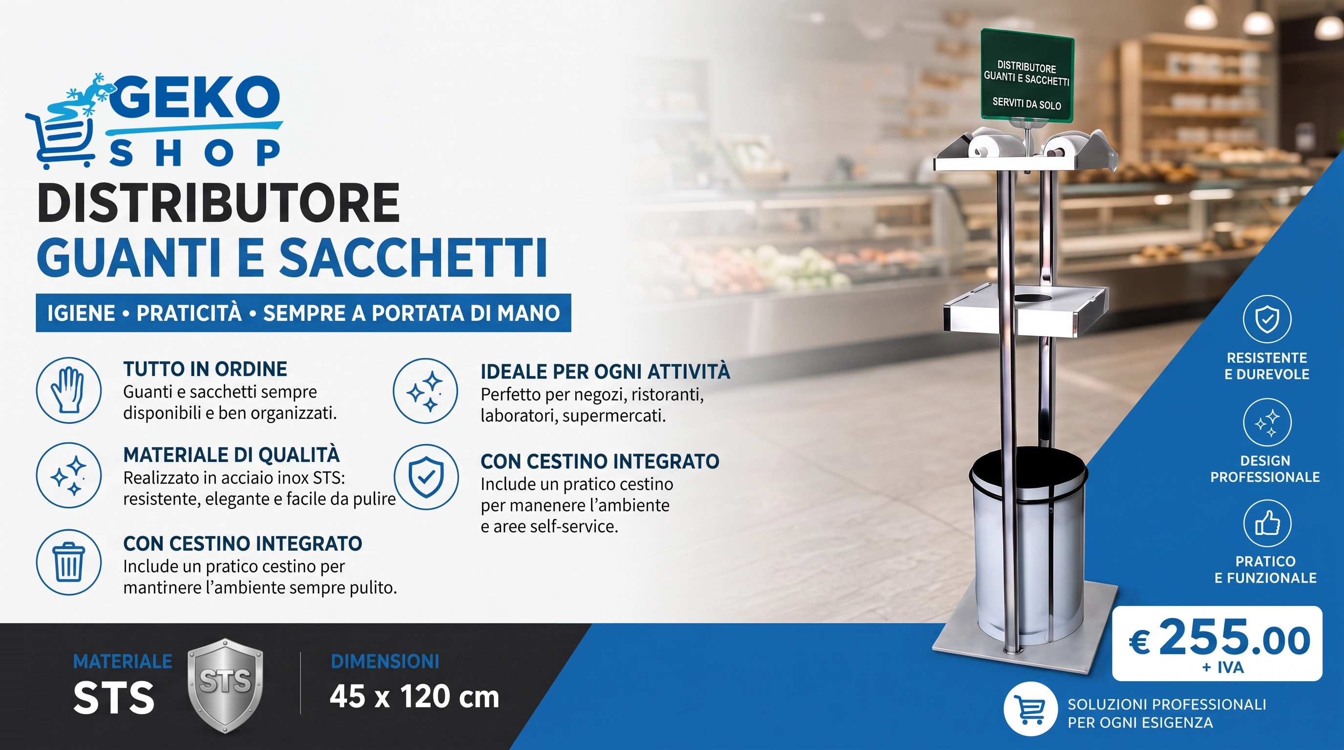 Distributore guanti e sacchetti in acciaio inox per supermercati e negozi