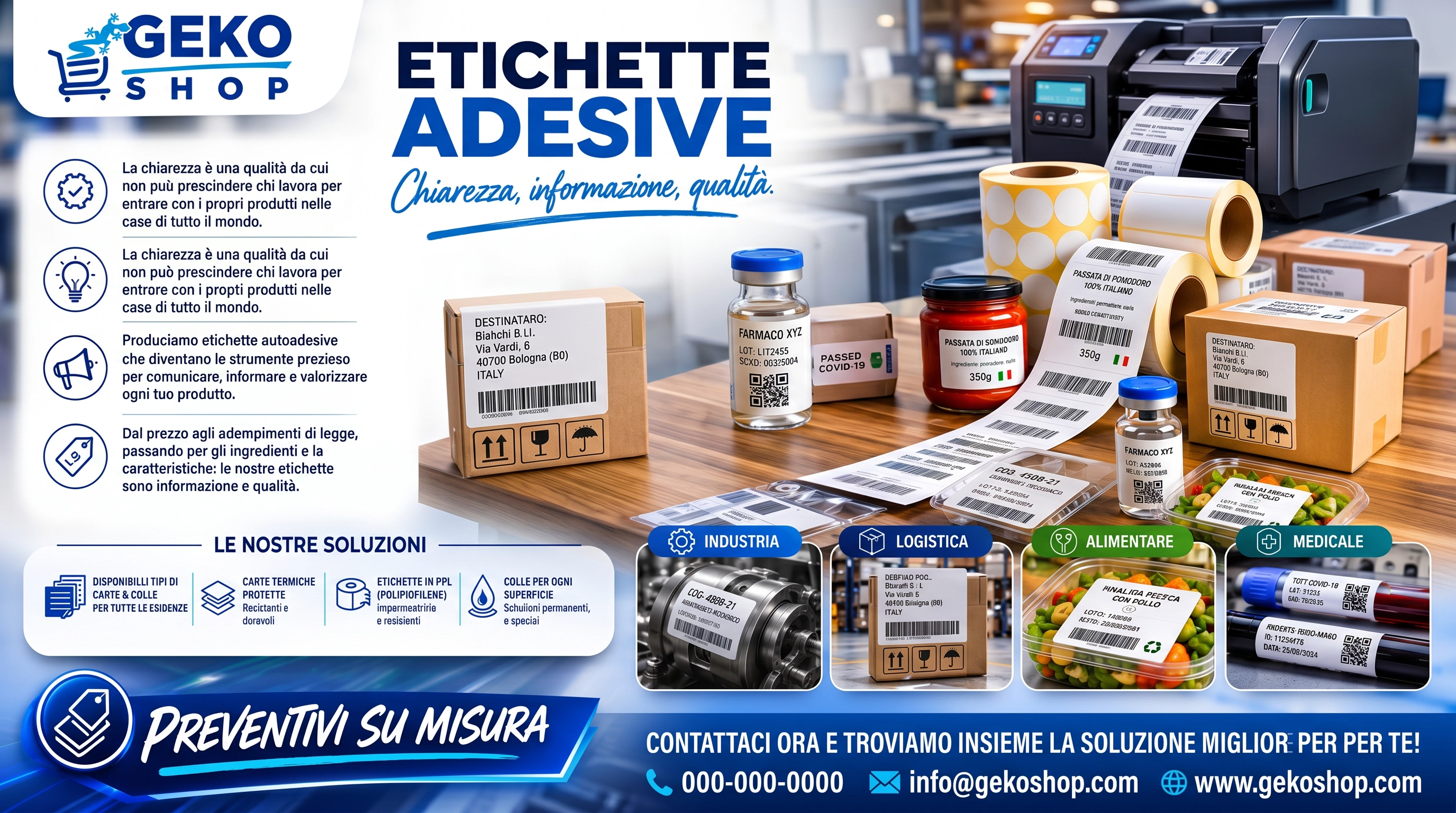 Etichette adesive GekoShop per industria logistica alimentare e medicale