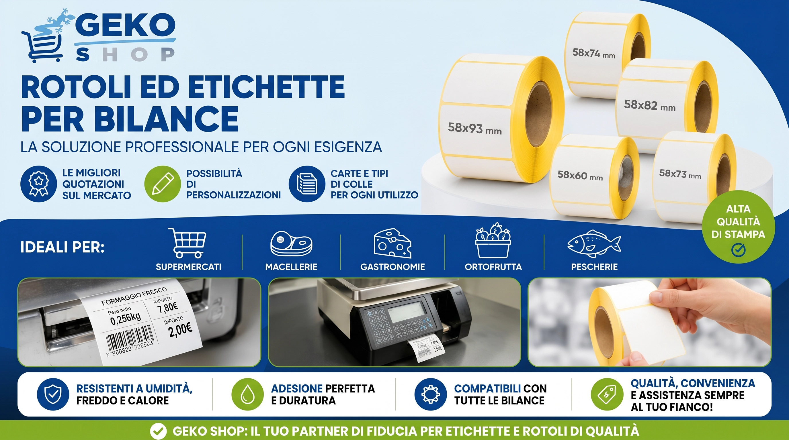 Rotoli ed etichette adesive per bilance professionali GekoShop