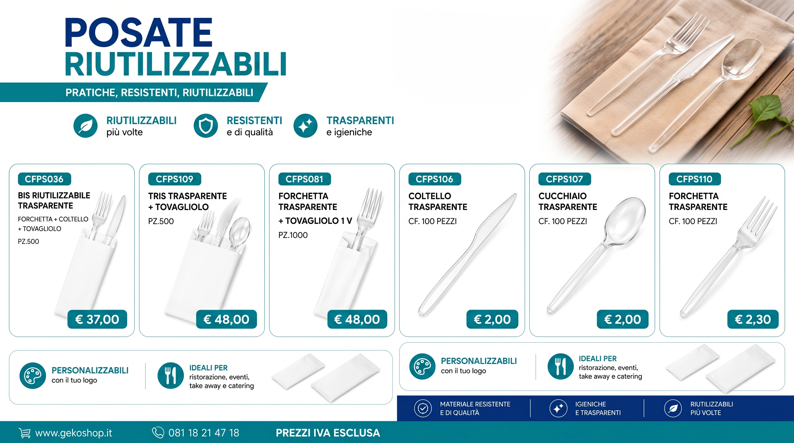 Posate riutilizzabili trasparenti per ristorazione eventi e take away