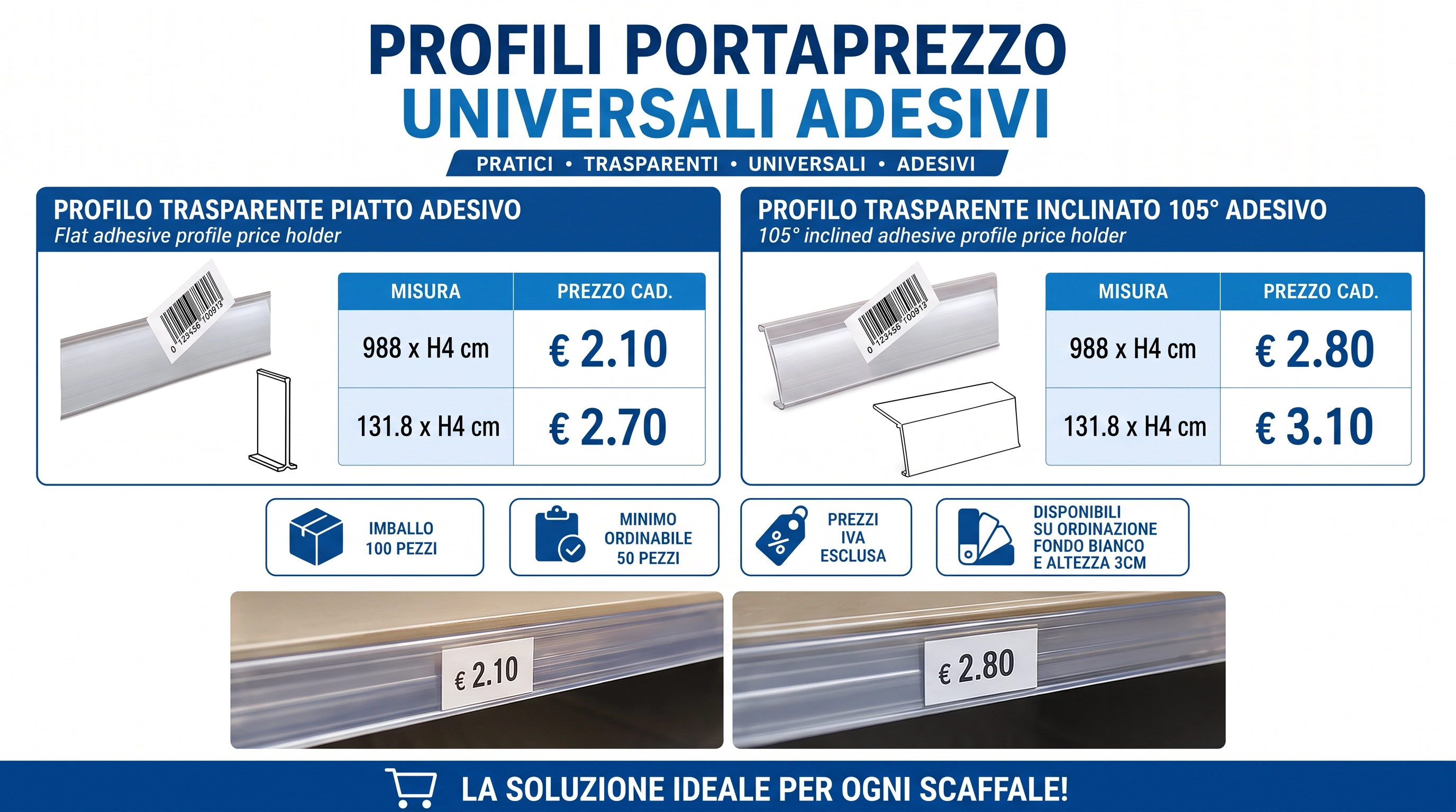 Profili portaprezzo universali adesivi per scaffali negozi e supermercati